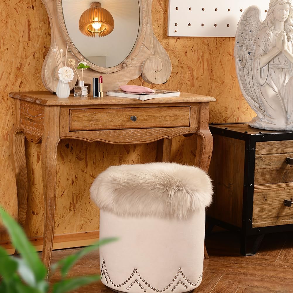 IRIWOOL Round Fur Sheepskin Chair Cover Seat Cushion Pad Super Soft Area Rugs for Living Bedroom Sofa (Creamy Gray, Round 16.5" (Pack of 1))