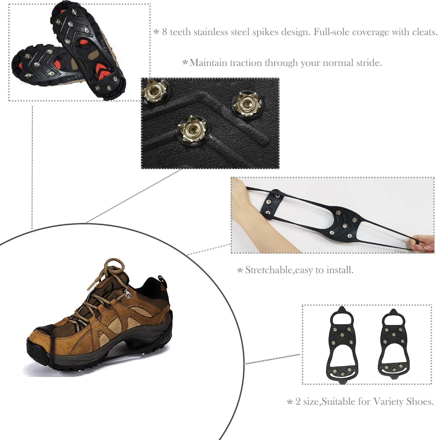 Alovexiong M/L Size 2 Pairs of Anti-Slip Snow Ice Cleats 8 Steel Studs Anti Slip Ice Snow Grips Crampons Outdoor Adventure Walk Hiking Shoes Traction Cleats, Anti-Slip Gear for Wet Mud, Ice and Snow