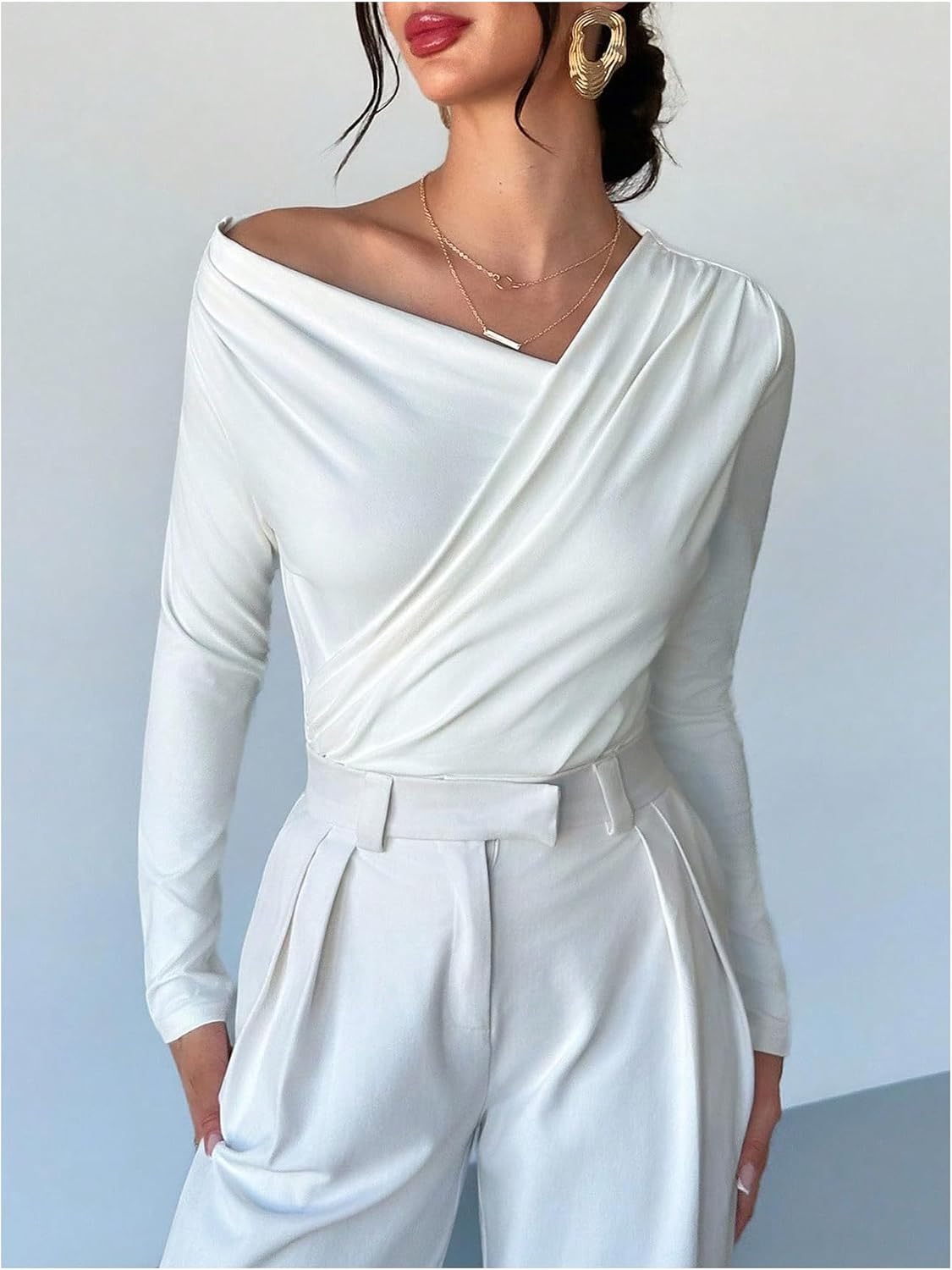 RoseSeek Women's Off Shoulder Wrap Tops Bodysuits Ruched Front Long Sleeve Bodysuits Elegant Shirts