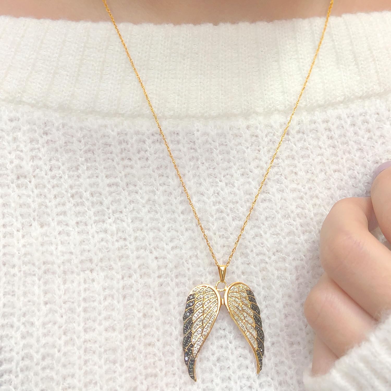 AFFY 1/2 Carat Round White & Enhanced Black Natural Diamond Angel Wings Pendant Necklace In 14k Gold Over Sterling Silver (0.50 Cttw) With 18" Chain Gift For Her