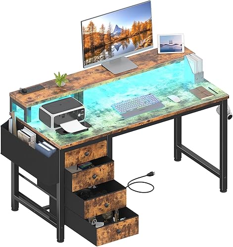 Lufeiya Escritorio reversible para juegos con luces LED y tomas de corriente, escritorio para oficina en casa de 47 pulgadas con soporte para