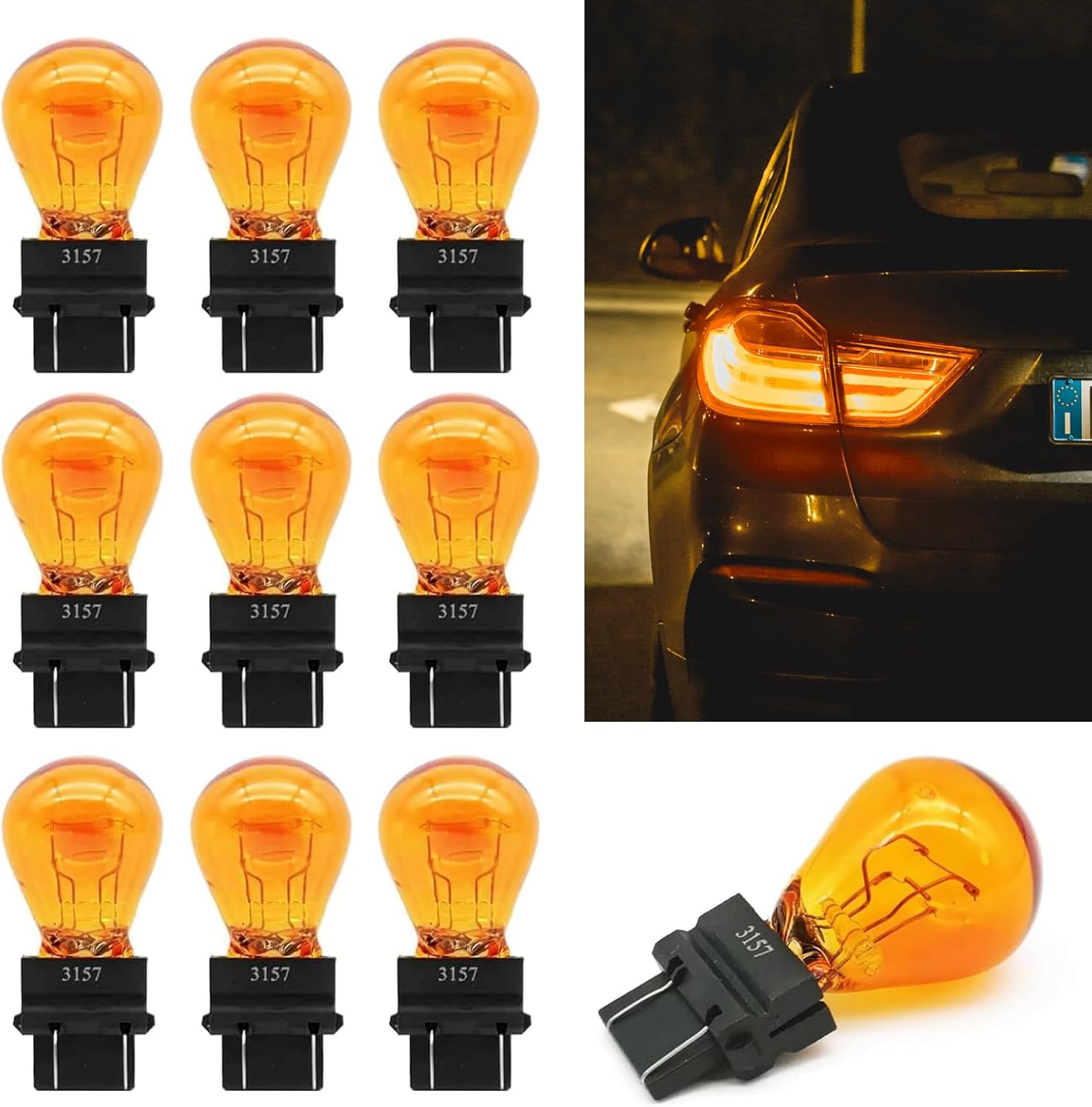Pack-10 Automobile Micro 3157 Halogen Brake Bulb, 12V 21/5W Filament 360 Diploma Uniform Lighting Bulb, Shock-resistant and Sturdy Quartz Glass Bulb Alternative, Common for Most Automobiles (Amber)