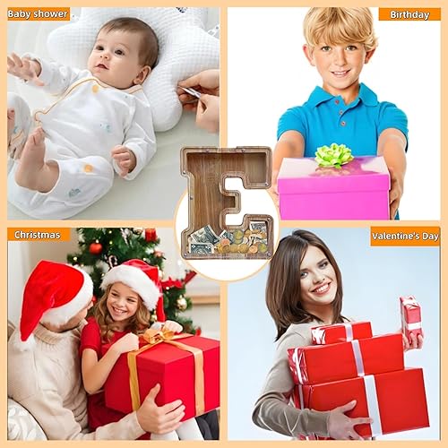 Miniatura 7 de Alcancía grande para niños y niñas, alcancía de madera personalizada con diseño recortado, bancos de monedas de letras del alfabeto, caja de ahorro