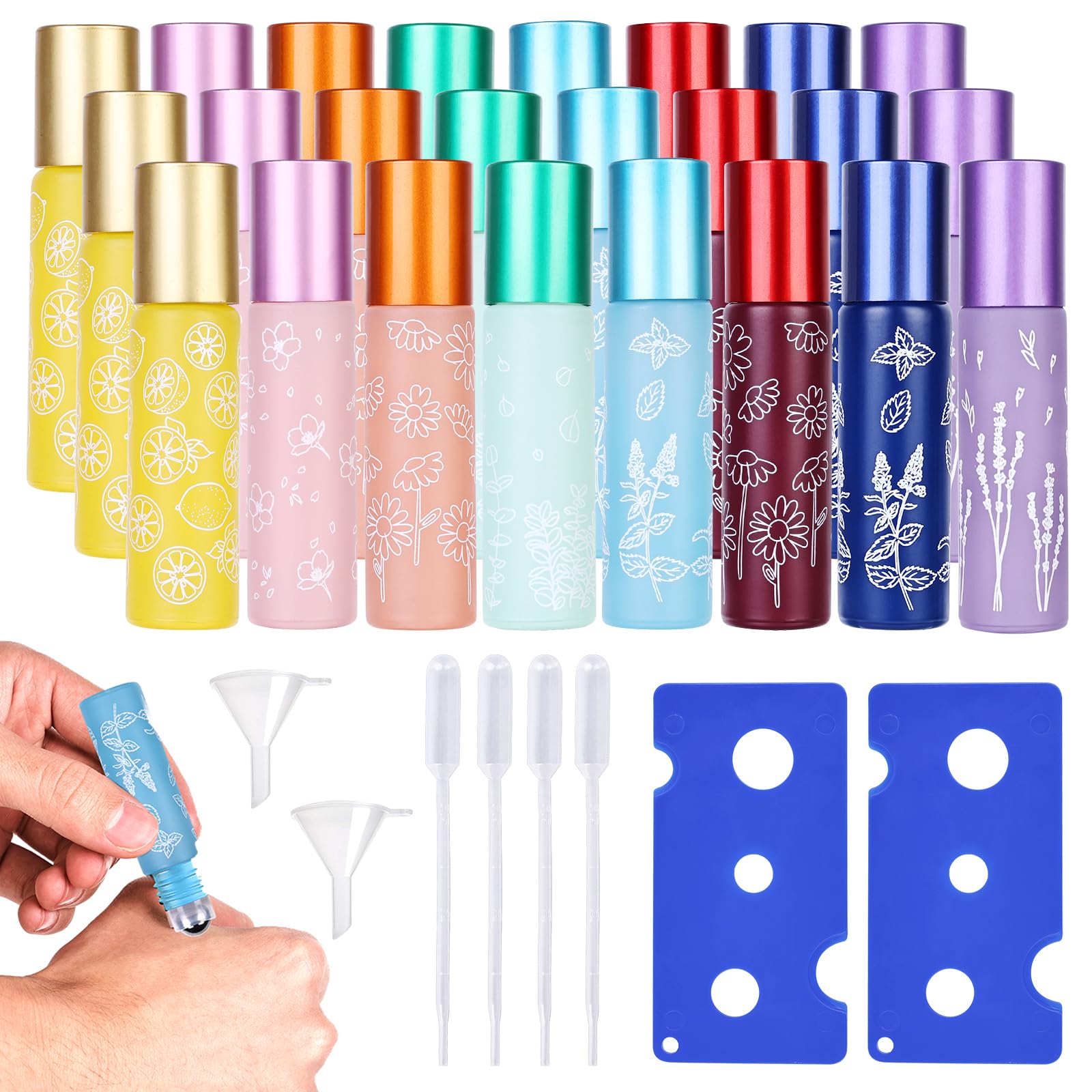 24 bottiglie di vetro per oli essenziali, bottiglie roll-on con palline, multicolore