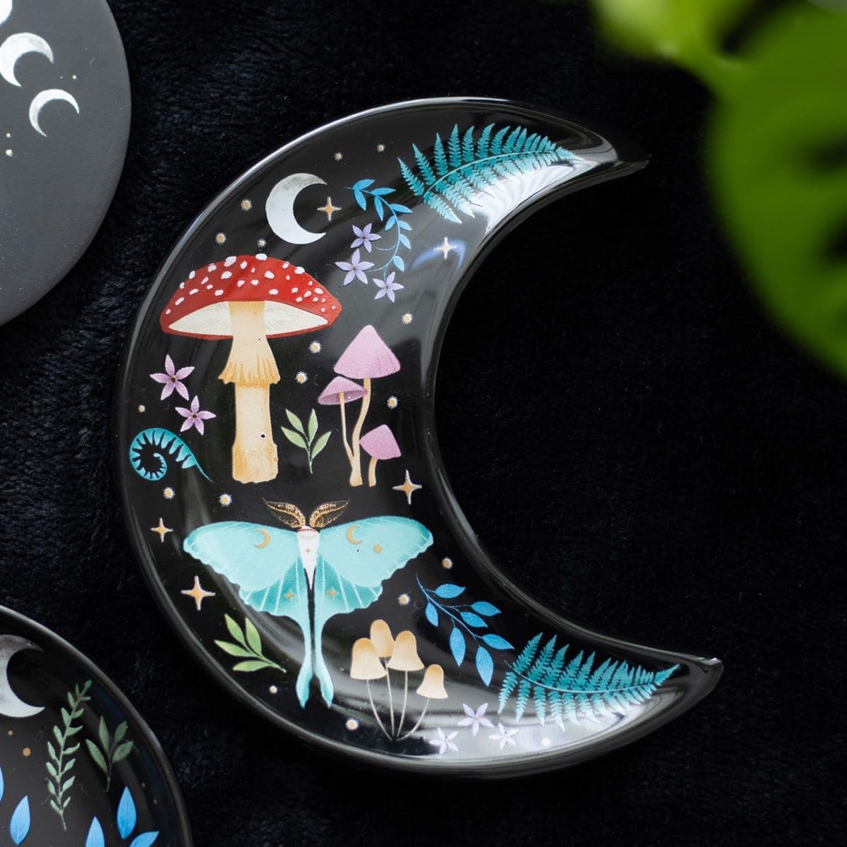 Ebros Gift Ceramic Porcelain Wicca Occult Gothic Dark Forest Toadstool Mushrooms Luna Moth Crescent Moon Trinket Jewelry Dish Or Appetizer Plate Serveware Bone China