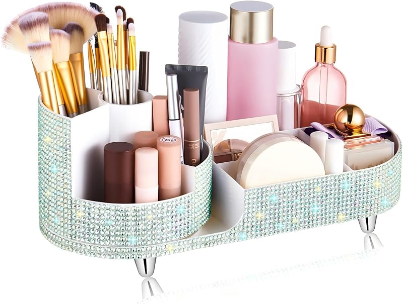 Organizador giratório para maquiagem Resholder, prata, com strass