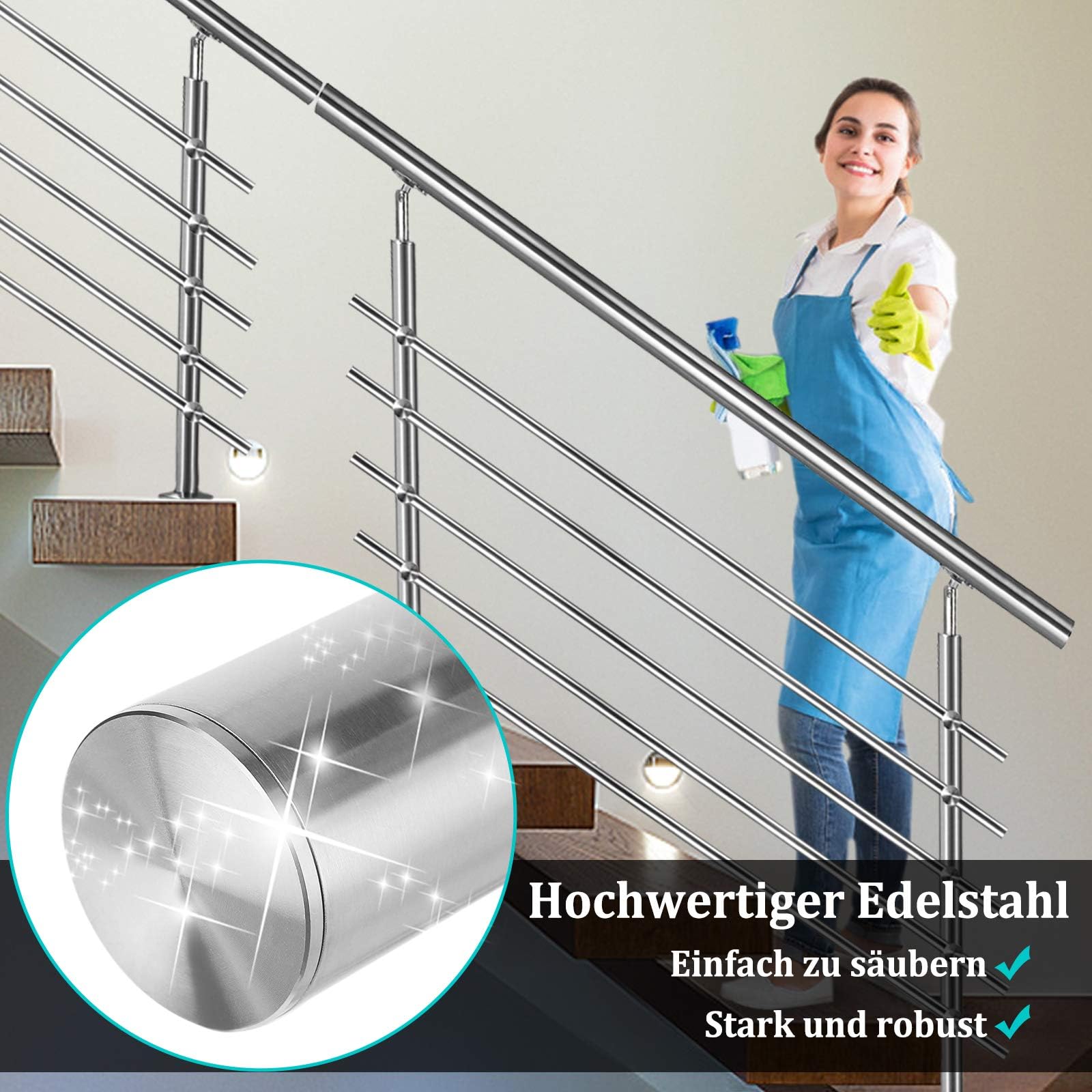 Froadp 100cm Treppengeländer Edelstahl Winkelverstellbar Handläufe mit Kugelring und 2 Pfosten Innen Stange Geländer-Set für Treppen Terrassen Brüstung (3 Querstäbe)