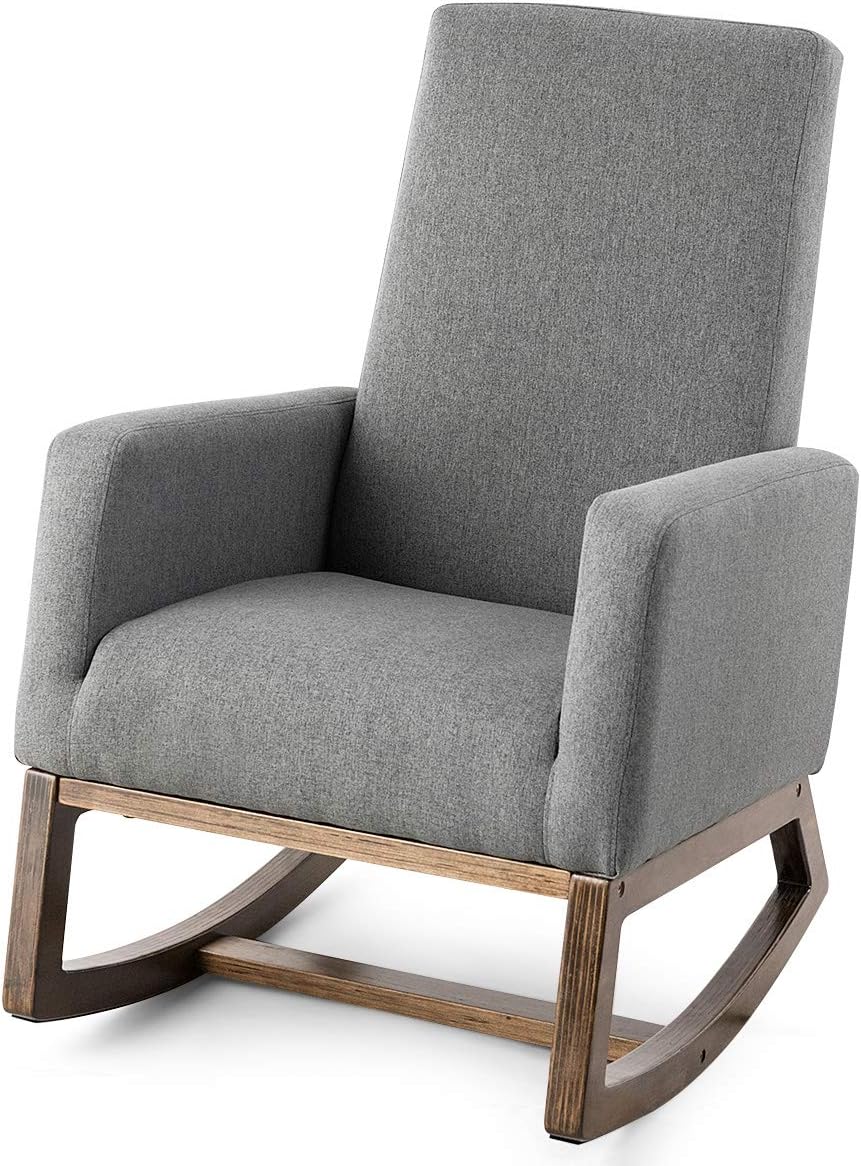 Giantex Rocking Chair Upholstered Living Room Chair with Padded Back and Seat, Wood Base, Rocking Chair for Nursery, Home Office & School Use (Gray)