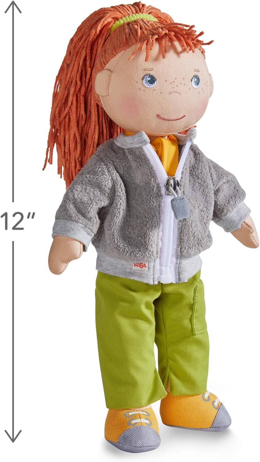 HABA 12" Soft Doll Soley with Red Hair, Outdoor Adventure Outfit and Embroidered Face, Machine Washable Baby Doll with Clothes and Baby Dolls for 18 Months and up