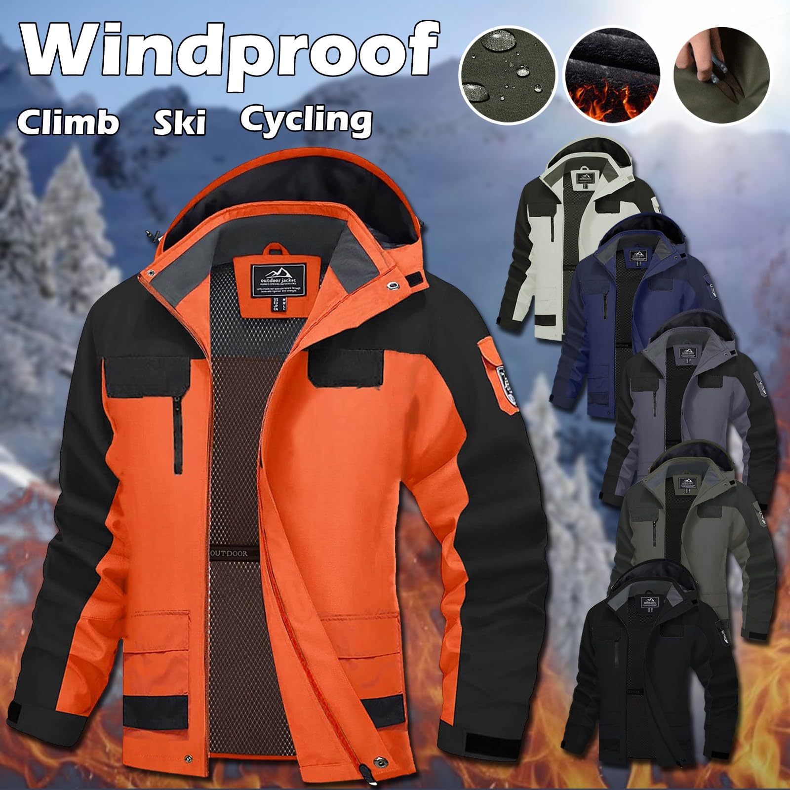 Veste de pluie pour homme - Pliable - Imperméable - Veste de randonnée - Coupe-vent - Veste de ski légère - Doublure chaude - Avec capuche amovible - Veste d'extérieur