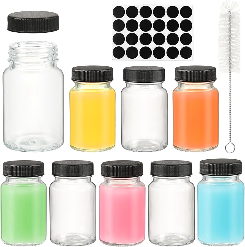 Frascos de vidro transparentes Yephets com tampas pretas, etiquetas e escova, 60 mL, BT01, pacote com 9