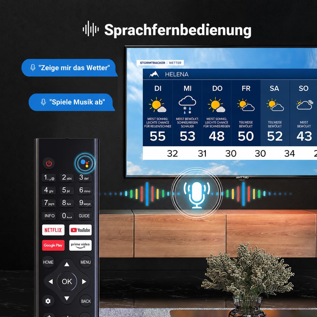 Antteq AG32H3 Smart TV 32 Zoll Bluetooth (Fernseher 80 cm) Android TV mit WLAN, Sprachassistent, Triple Tuner (DVB-C/S2/T2), Google Play Store (DAZN/Netflix/Prime Video), WiFi