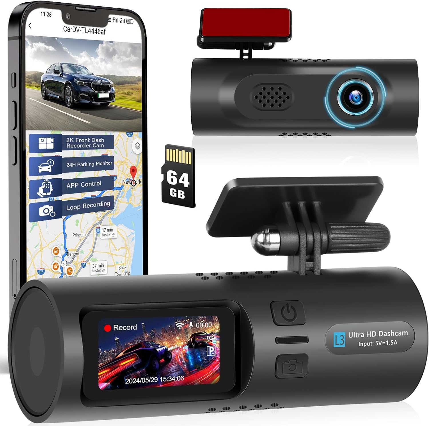 2K Front Dash Recorder Cam,64GB Card Included 1.5" IPS Display Dash Camera for Cars Flip & Mirror, WiFi, 24H Parking Monitor, Loop Recording, G-Sensor, Night Vision, iOS/Android Mobile App Control
