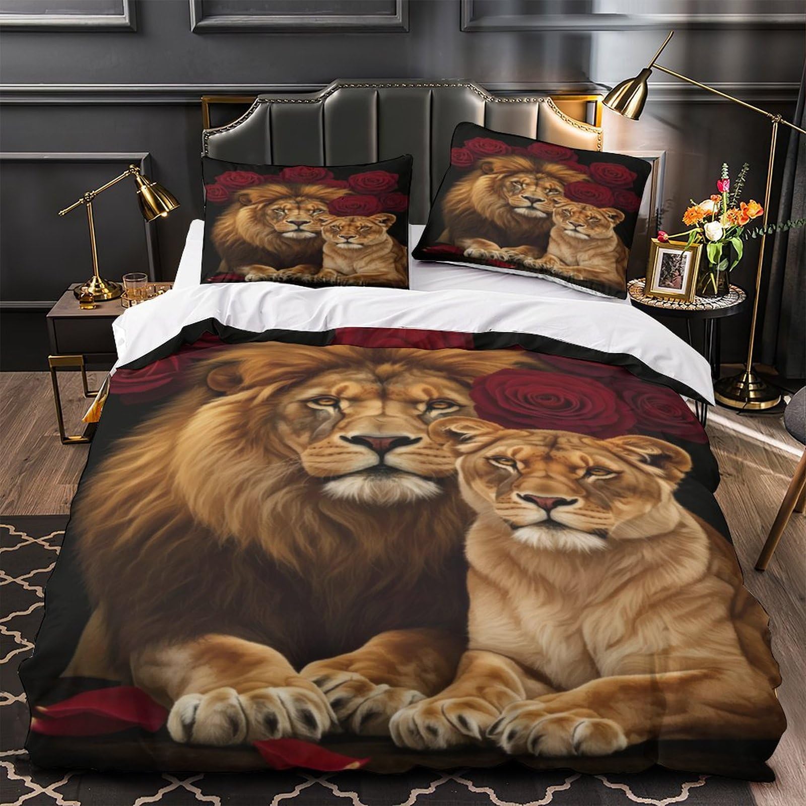 Parure de lit lion 140x200 housse de couette microfibre imprimé 3D ado