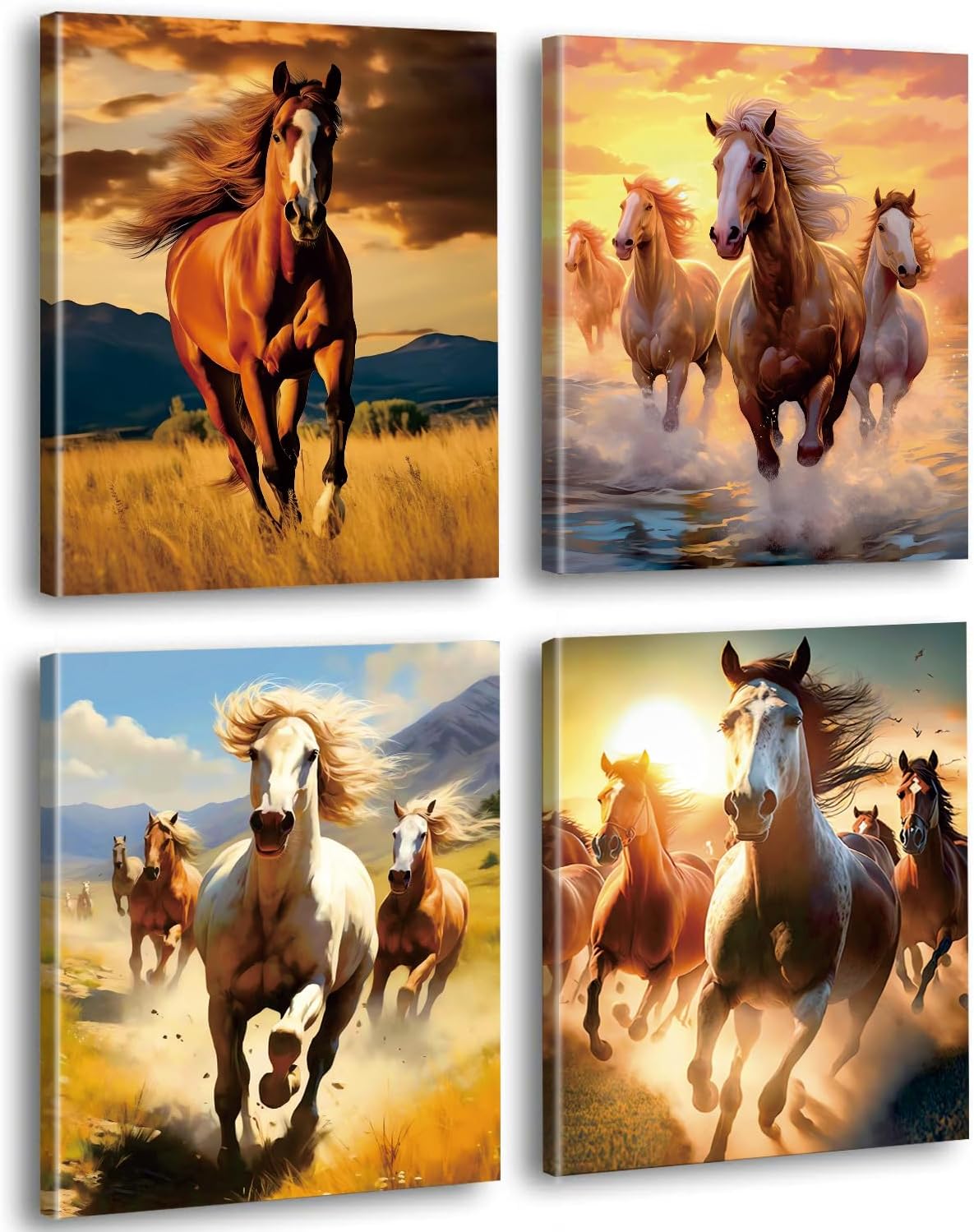 Framed Wild Horses Posters Modern Animal Picture Canvas Painting Room Decoration Set of 4 Horse Wall Art Print for Bathroom & Bedroom Decor (8”x10”Inch) Horse Wall Decor