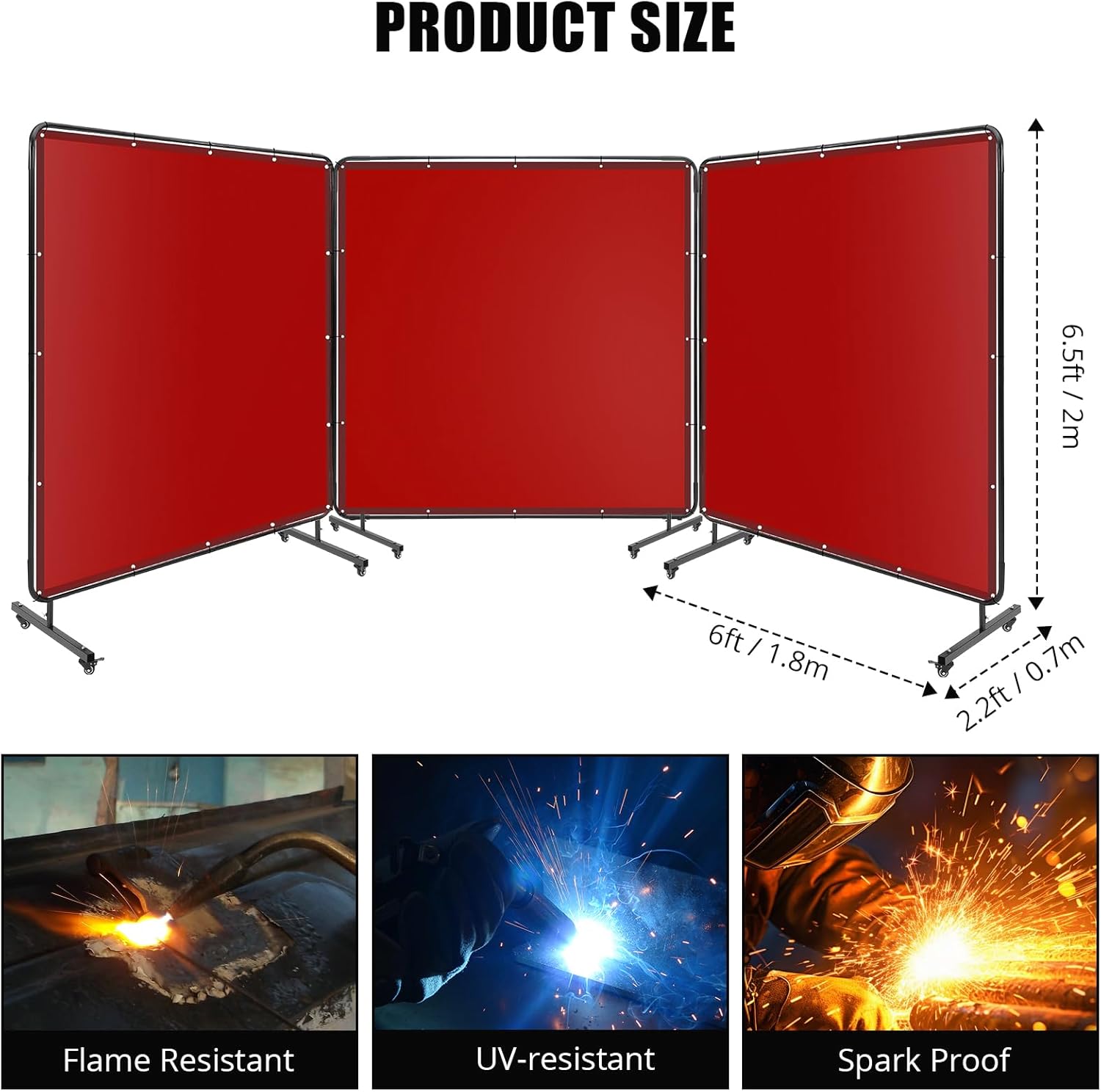 Flame-Resistant 3-Panel Red Vinyl Welding Screen with Frame & 12 Swivel Casters (6 Lockable) – 6x6ft Portable Fireproof Welding Curtain for Workshop, Garage, Grinding – Red, With Casters
