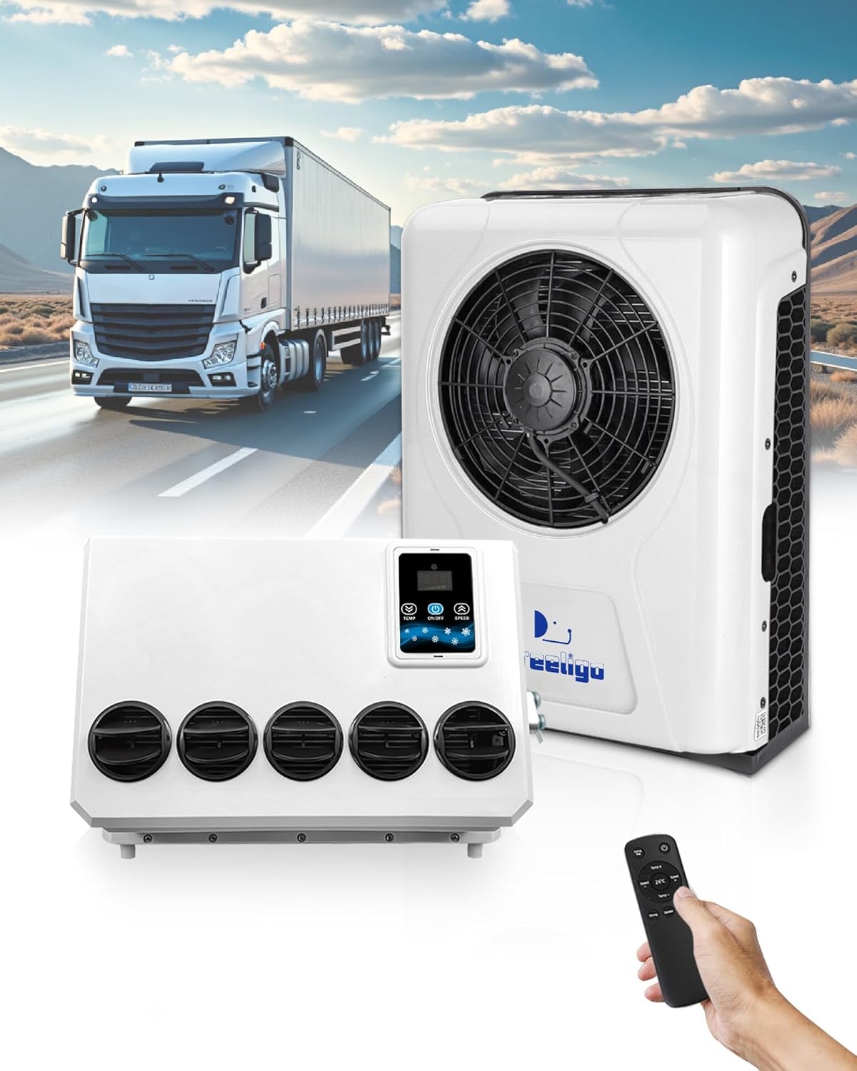 Treeligo 12V Truck Parking Air Conditioner Unit dc 12 volt 24 volt- Fast Cooling- 8 hours using 8800BTU for RV, truck, farm car, van, excavator, bus, car, pickup, etc（12 volt)