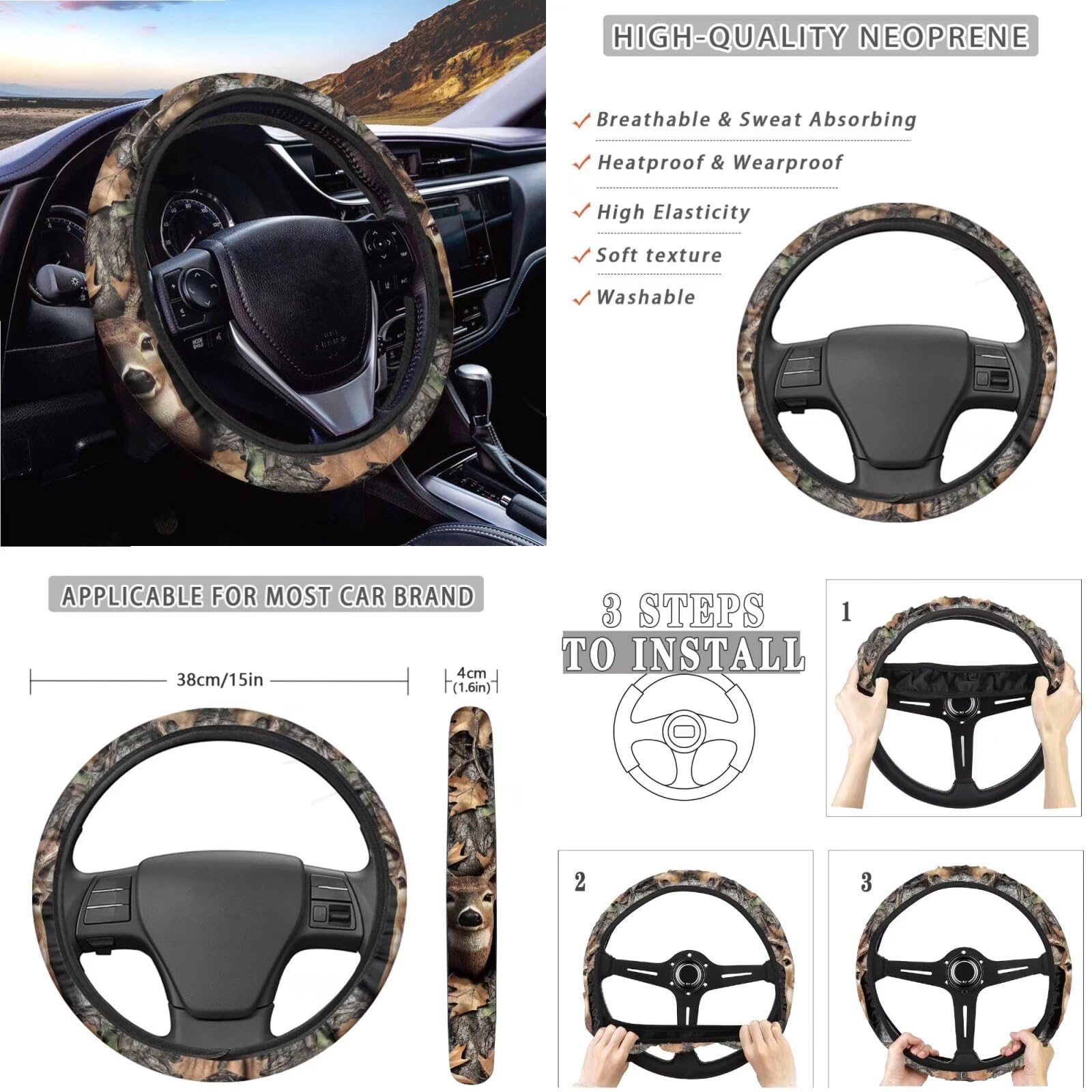 Xoenoiee Set completo di 11 coprisedili per auto, con stampa mimetica con alci, coprivolante, coprisedili anteriori e posteriori, imbottiture per cinture di sicurezza, sottobicchiere e portachiavi,