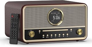 KEiiD Compact Radio CD Player with Speakers, Art-Deco Bluetooth Stereo Shelf System for Home, LED Display, USB Playback, AUX, 3.5mm Headphone Output (Leather)