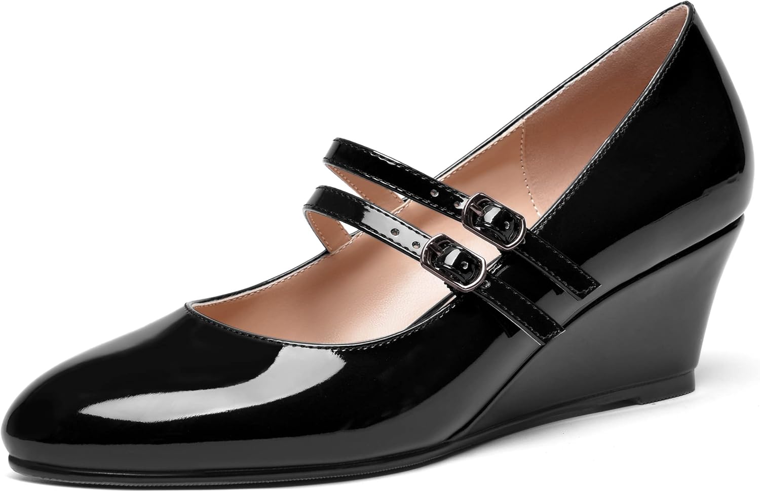 SHOWFOREST Women's Buckle 2 Inch Wedge Patent Uniform Mary Jane Round Toe Adjustable Strap Low Heel Pumps Shoes Black Size 9 - Zapatos de Tacon