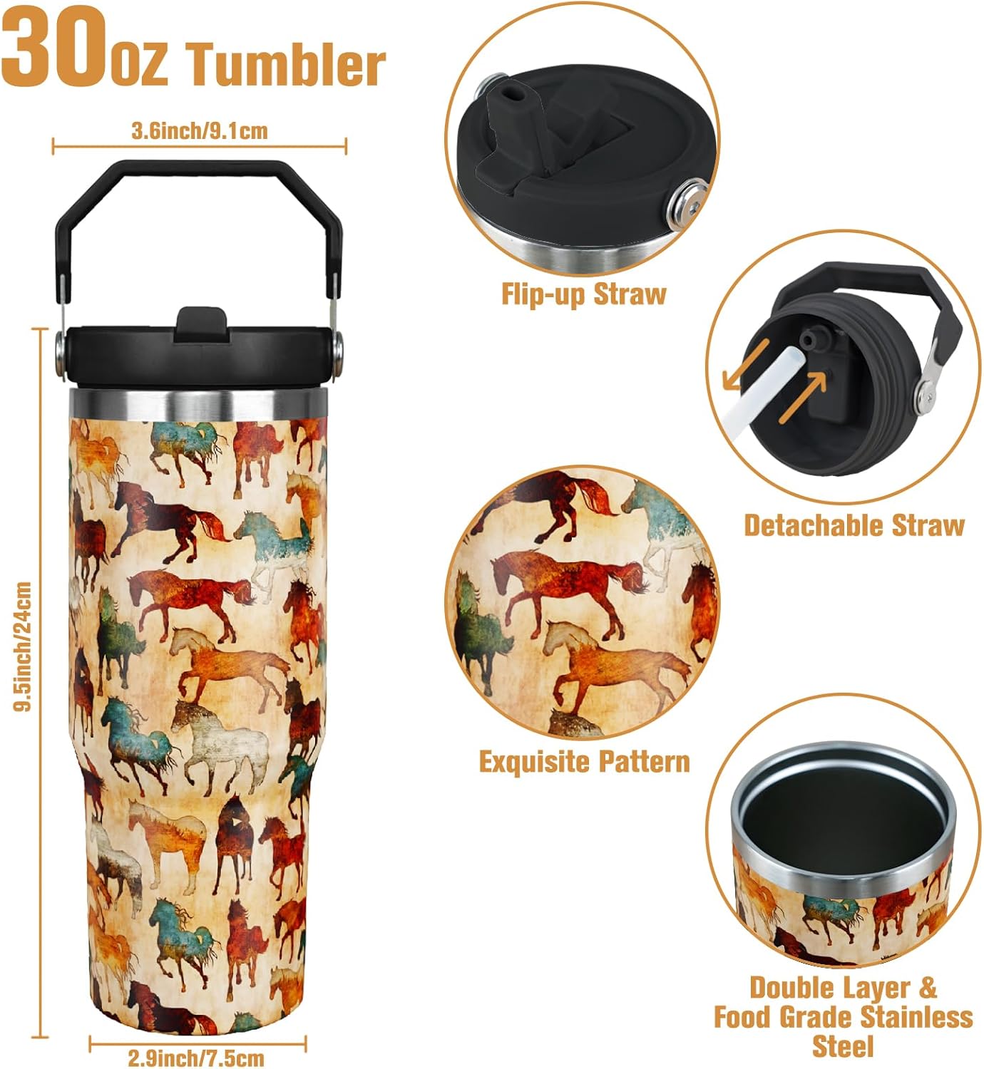 30 oz Horse Tumbler With Handle and Straw, 30oz Flip Straw Tumbler Insulated Coffee Travel Mugs Cup Water Bottle Gifts for Horse Lovers Women Girls - Image 3