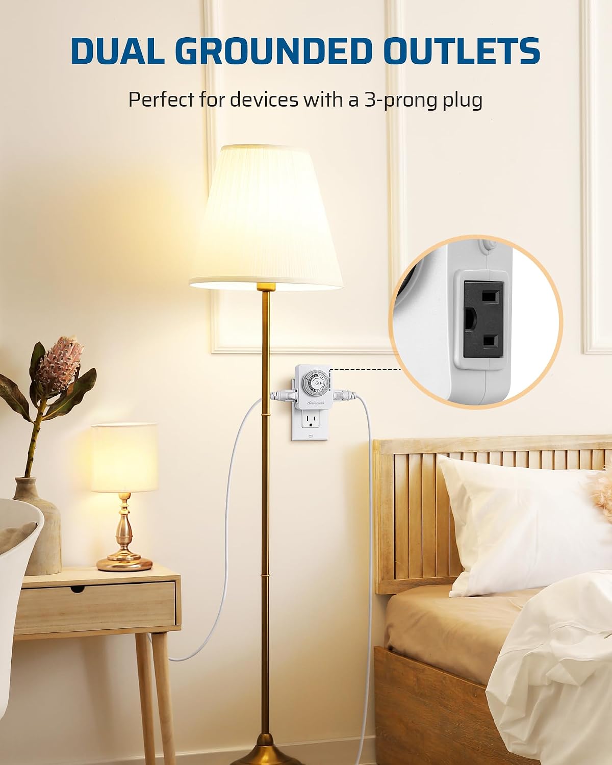 DEWENWILS timer plugged into an outlet with two devices connected to its grounded outlets