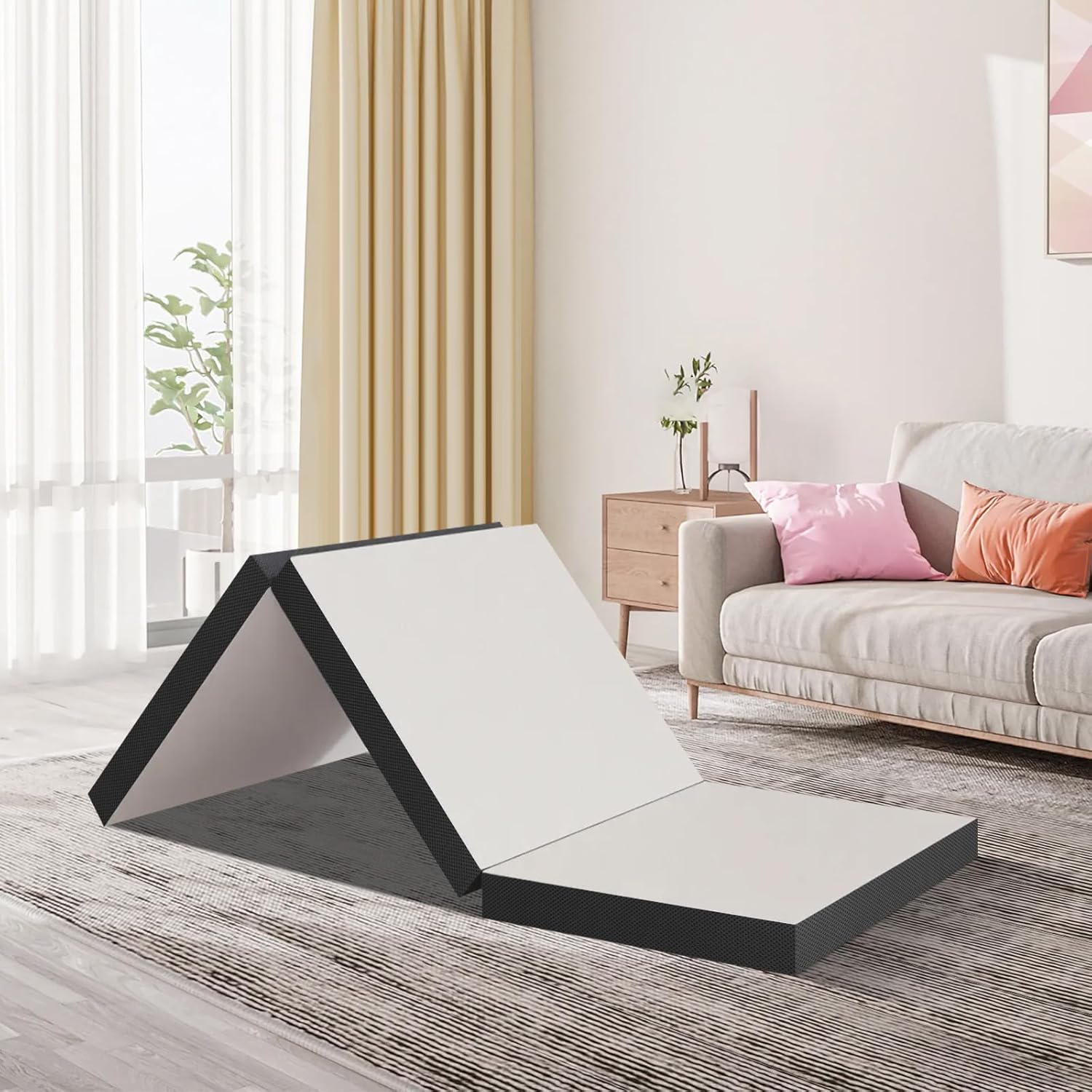 3 inch Folding Memory Foam Mattress Tri Fold Mattress with Washable Mesh Cover Portable Mattress Topper Non-Slip Bottom