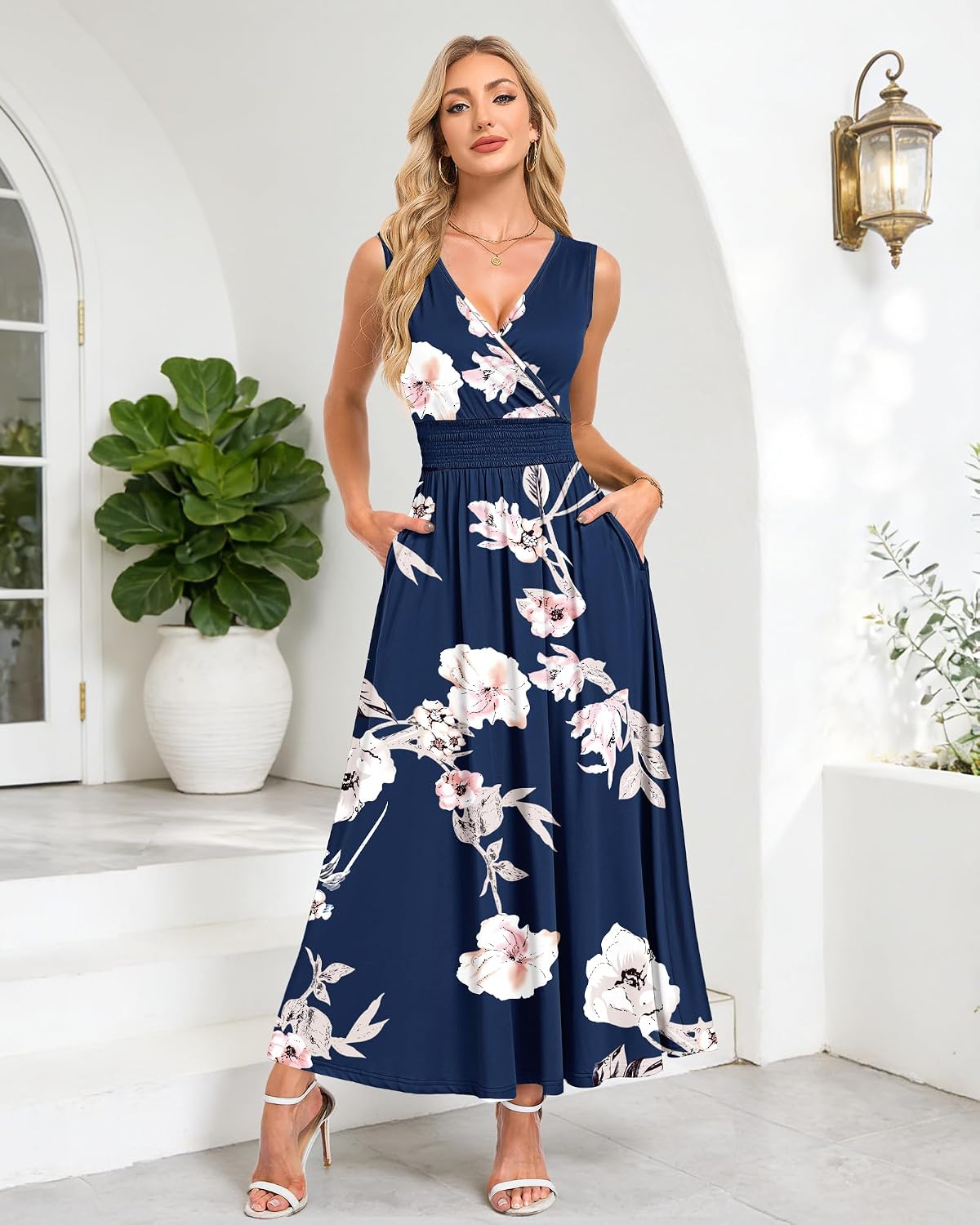 AUSELILY Dresses for Women Sleeveless V Neck Smocked Maxi Dress with Pocket image 4
