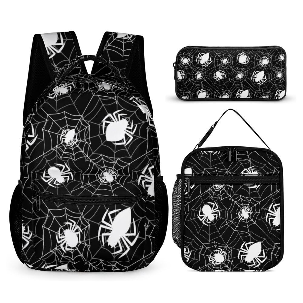 Homieblanket Spider Backpack with Lunch Box & Pencil Case, 16 Inch Scary Themed Bookbag, Adjustable Lightweight Large Capacity, Happy Halloween