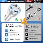 65W iPhone 15/16 Pro Max USB C Chargeur de voiture, 4-Port Adaptateur de chargeur de voiture USB-C&USB-A USB C Adaptateur d'éclairage de cigarette+6FT tressé USB C Câble pour iPhone 17/16/16 Plus/16 Pro/15 Pro Max,iPad