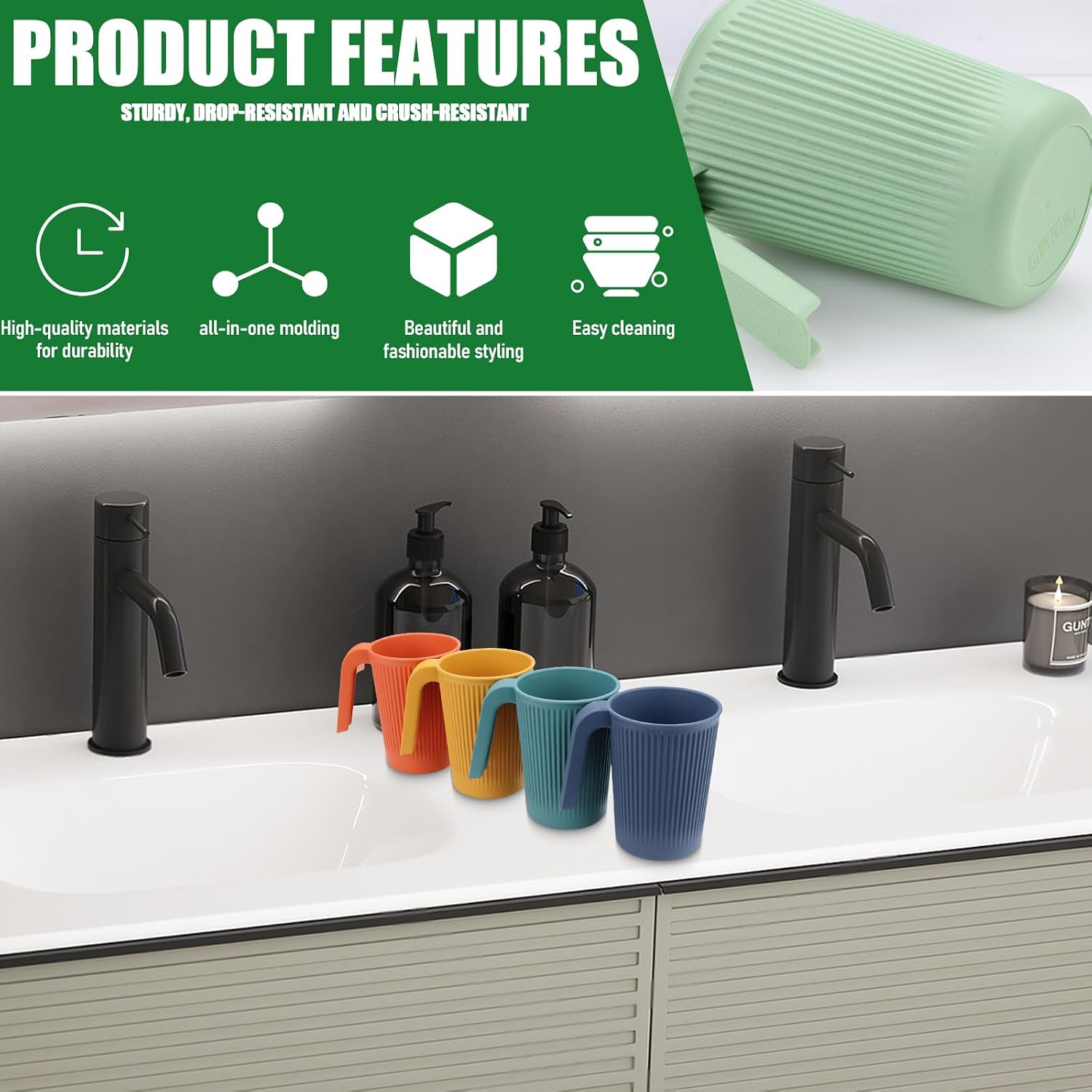 8 Color Reusable Plastic Cups with Handle, 12 oz Unbreakable Coffee Mug Set image 3