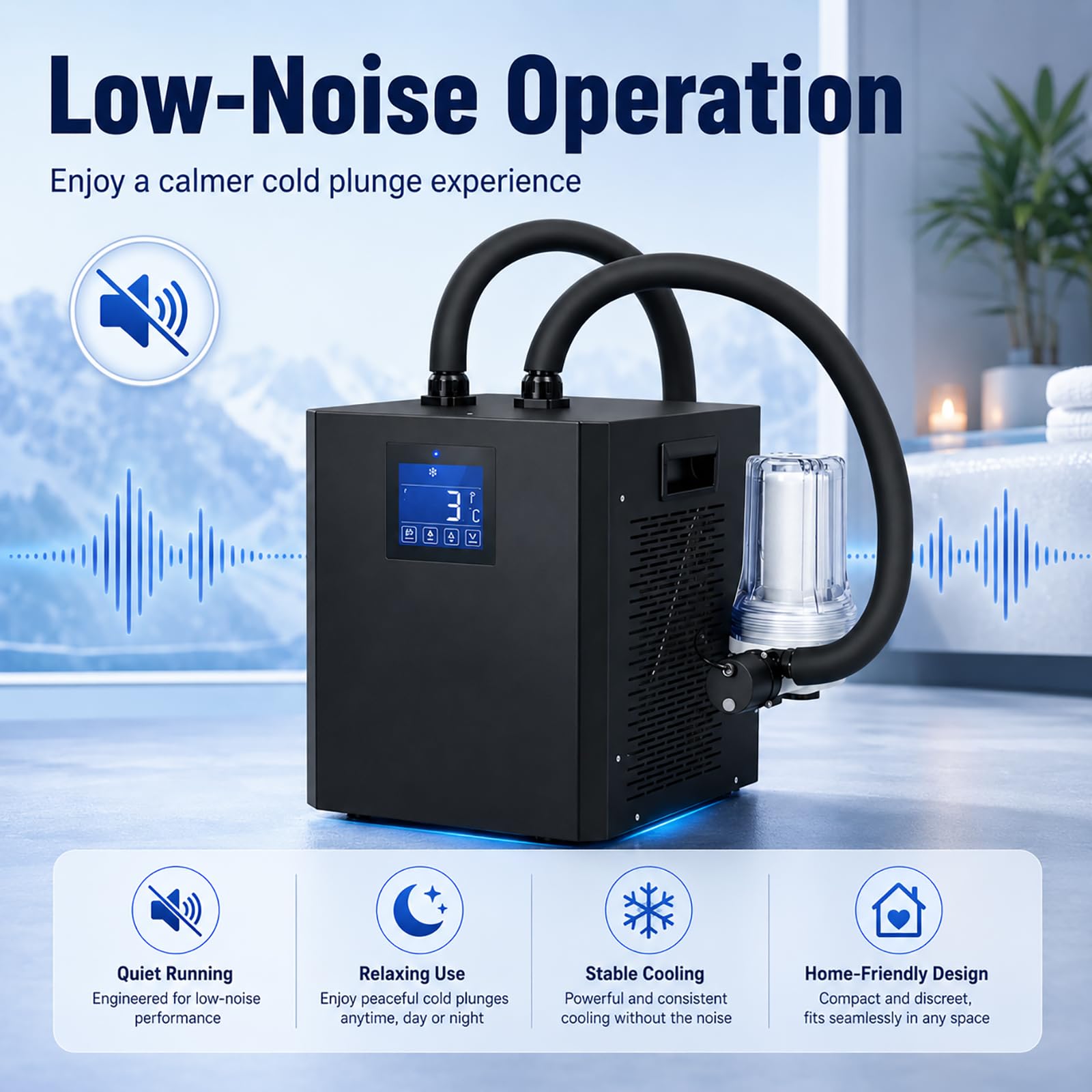 Sistema de enfriamiento de bañera fría, sistema de refrigeración de agua de alta potencia de 1/3 hp con bomba integrada, filtro externo y mangueras aisladas para baños de hielo