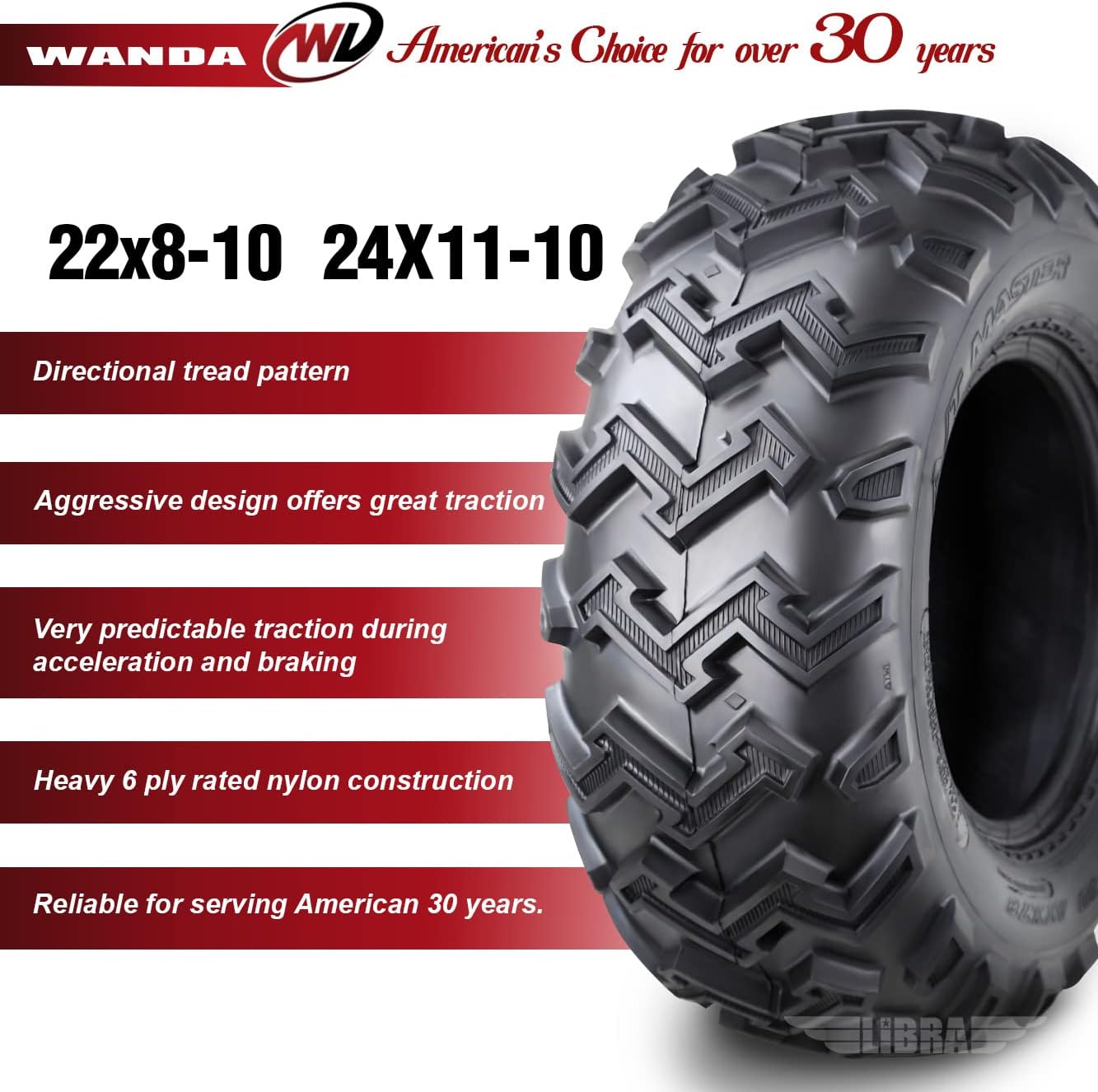 WANDA Set of 4 ATV UTV Tires 22x8-10 Front & 24x11-10 Rear 6PR