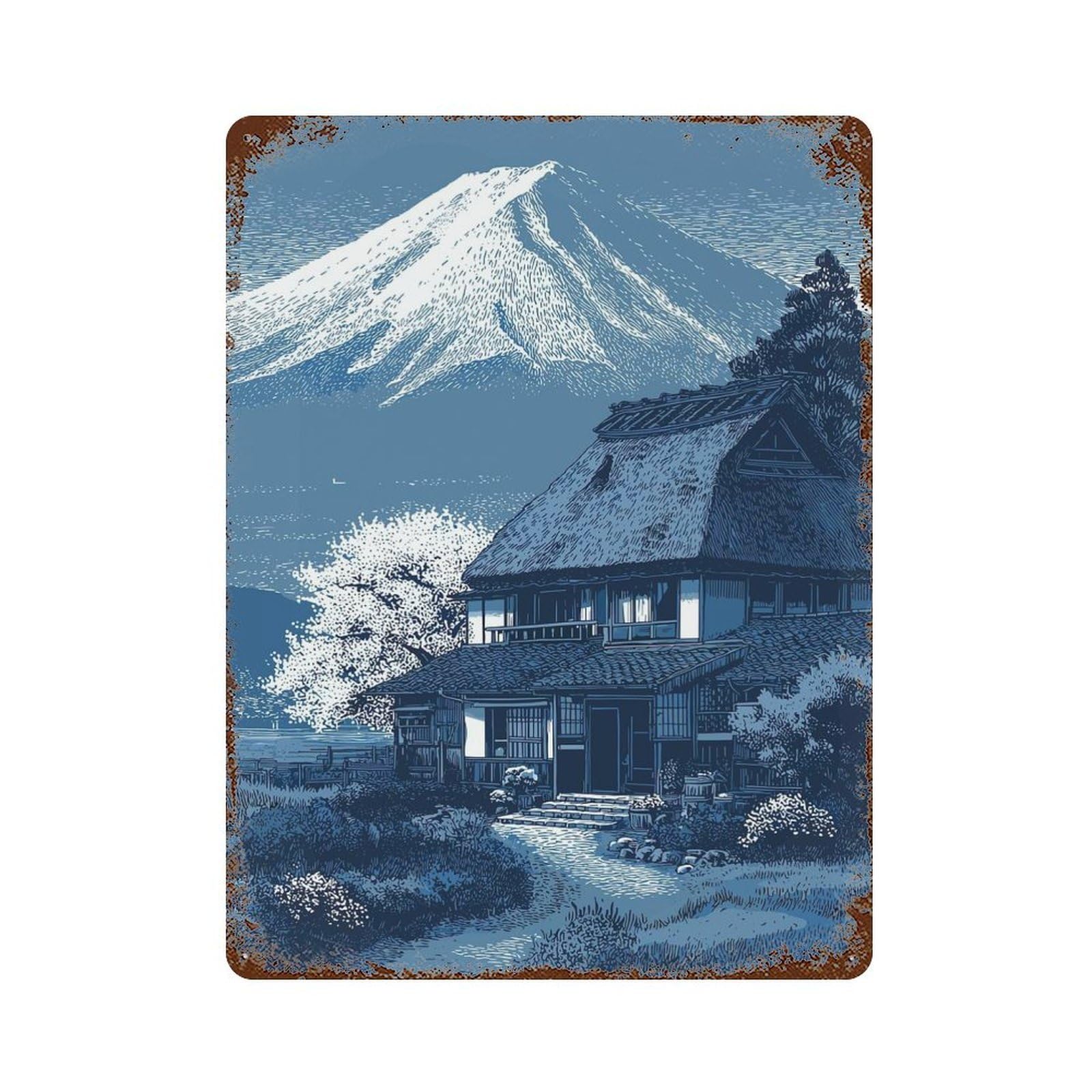 Japanese House with Mount Fuji Rust Effect Tin Sign 15.7"x11.8", Ideal for Garage, Bar And Workshop Decor