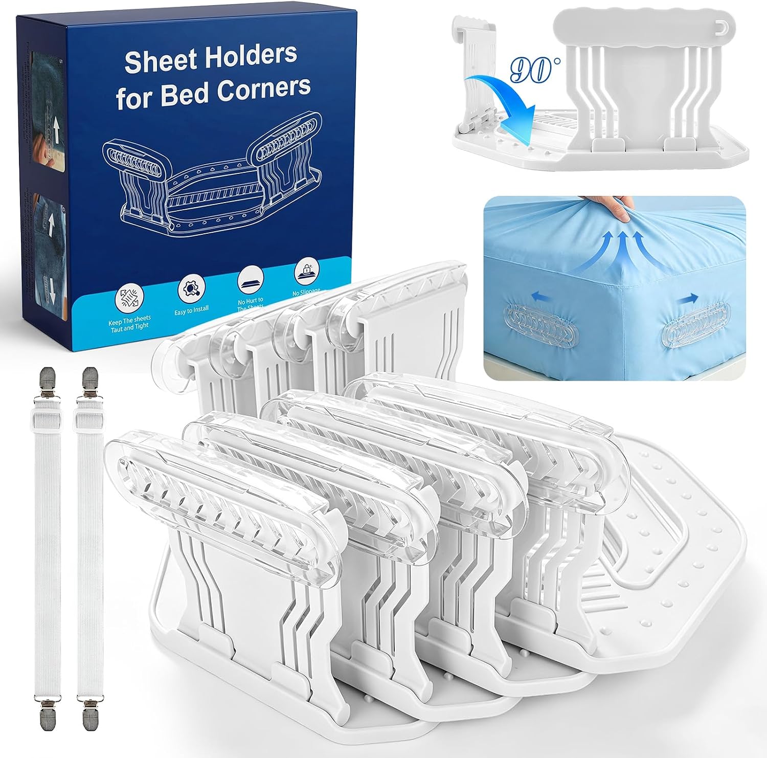 FACIACC 4Pcs Bed Sheet Holder for Corners, Upgrade Fitted Sheet Holder with Lock Strips, 2Pcs Non-Slip Sheet Clips, Keep Sheets Firm & Tight Fitted All Mattress Sizes Easy Installation