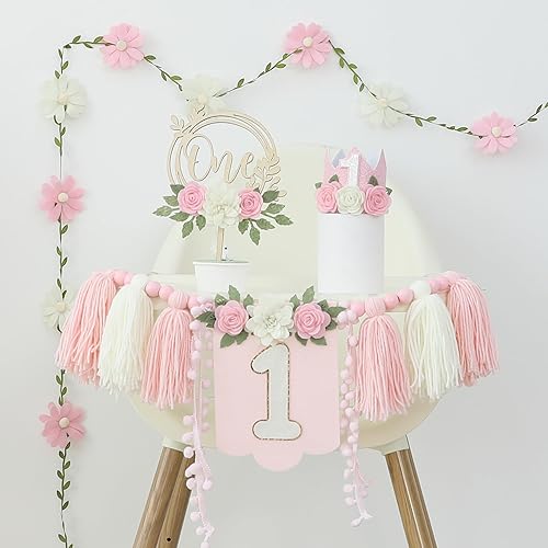 Vista 75 de Juego de decoración de primera fiesta con diseño de margaritas bohemias para silla de bebé, decoración de primera fiesta con adorno de pastel hecho