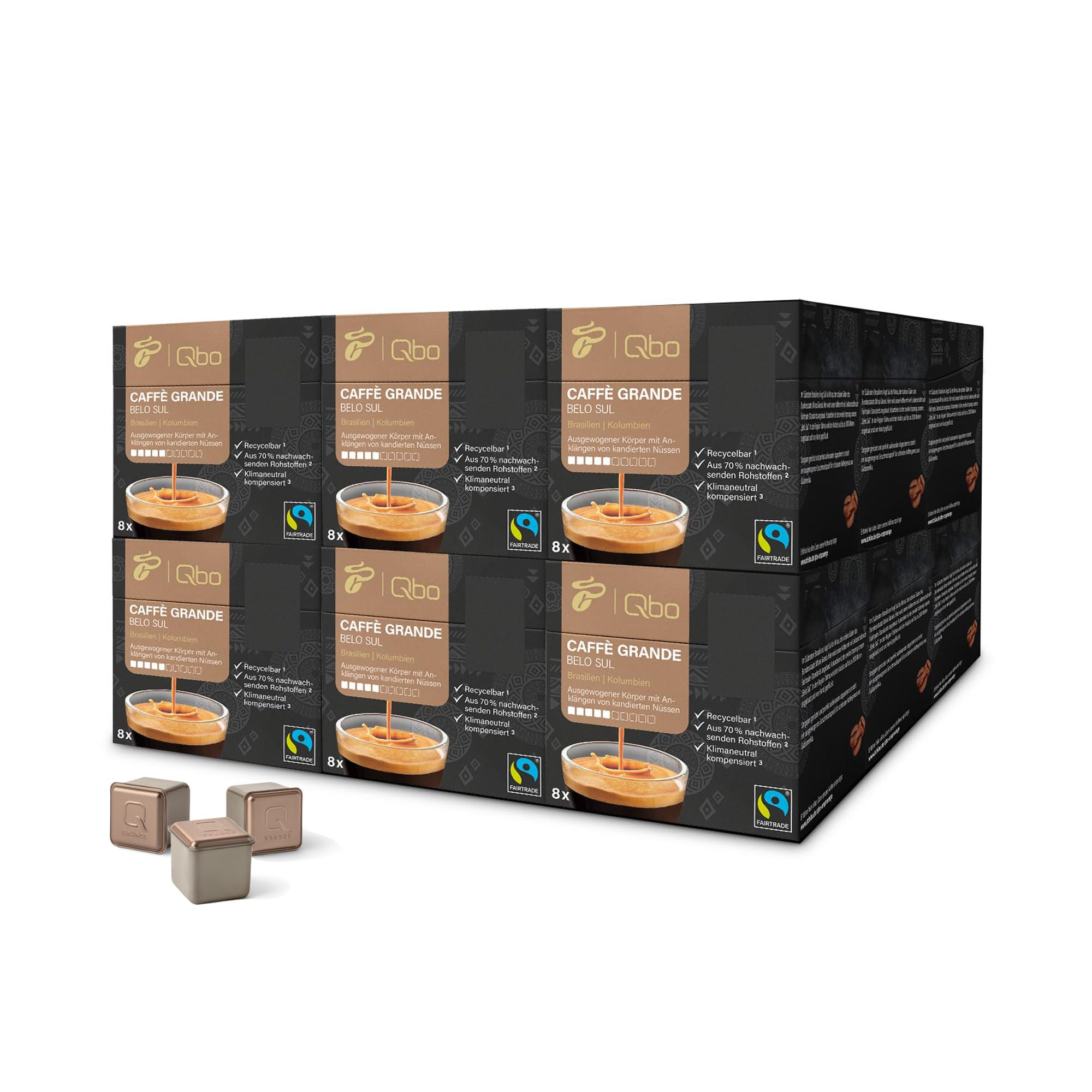 Tchibo Qbo Caffè Grande Belo Sul Premium Kaffeekapseln, 144 Stück - 18x8 Kapseln (Caffè Grande, Intensität 5/10, ausgewogen und nussig), nachhaltig, aus 70% nachwachsenden Rohstoffen
