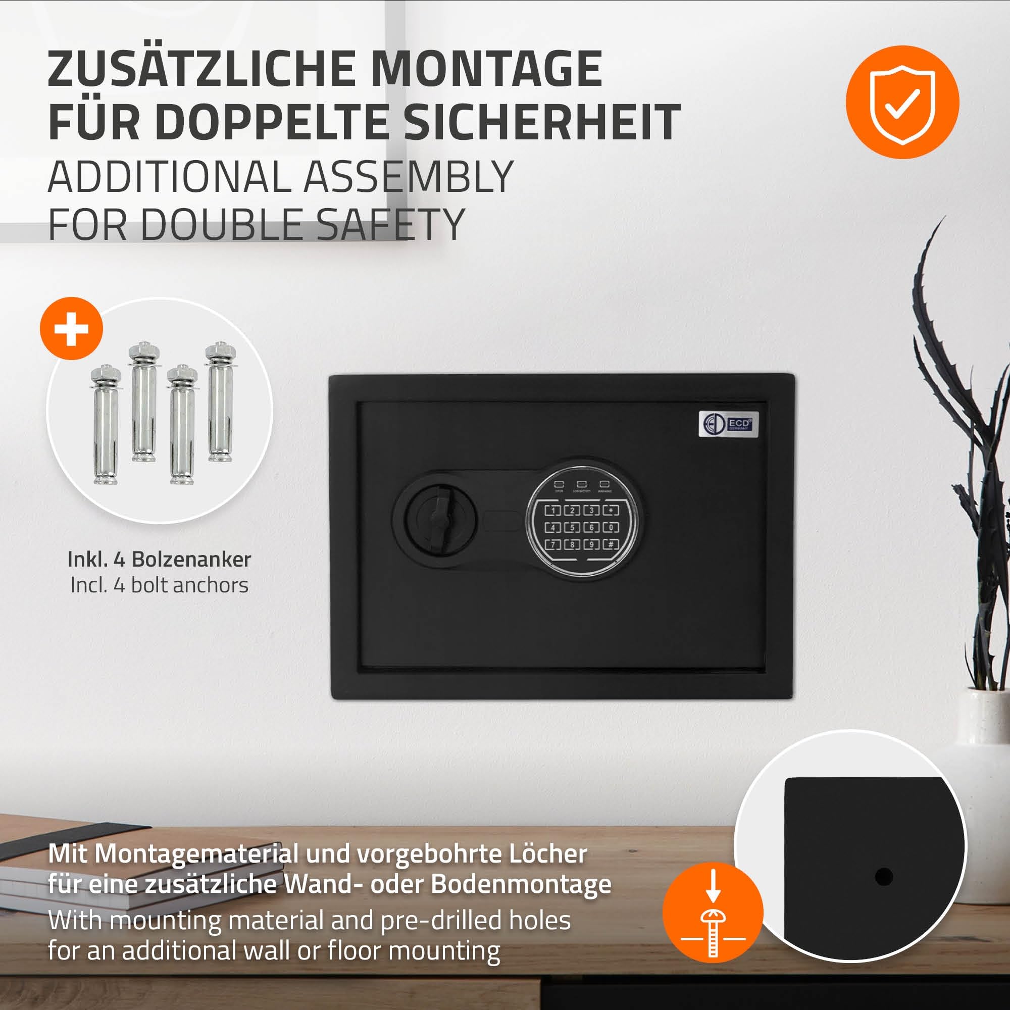 ECD Germany Caja Fuerte de Seguridad Eléctronica 16L 35x25x25 cm Pequeña con Bolsa Ignífuga, Teclado Númerico Digital, Luz de Sensor y Código PIN Metal Negro Depósito Seguro de Pertenencias