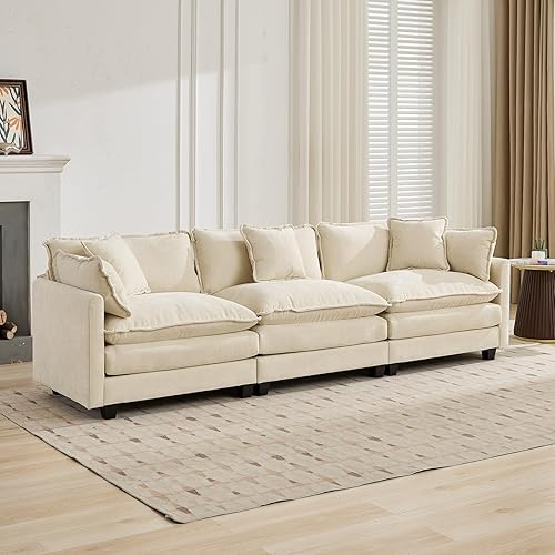 Miniatura 4 de Sofá seccional modular beige de 111.5 pulgadas, sofás seccionales grandes de 3 plazas para sala de estar, tela de chenilla marfil blanquecina, sofá