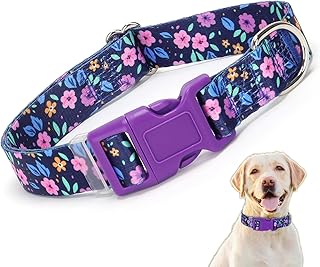 Purple Dog Collar with Flower, Pretty Floral Pattern Design Quick Release Buckle Soft Nylon Female Collars Adjustable for Xs Small Medium Large Pet Girl Dogs Cats, S