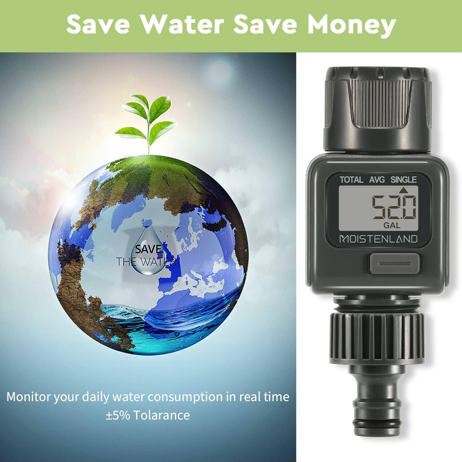 Moistenland Hose Water Flow Meter, Standard 3/4" Hose Thread, High Accuracy and IP6X Waterproof, Suitable for Indoor and Outdoor Use （2 Packs）