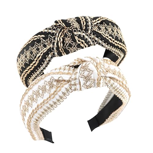 YISSION 2 diademas anudadas para mujeres y niñas, antideslizantes, anchas, bordadas, bohemias, a la moda, diadema con nudo superior para mujer,