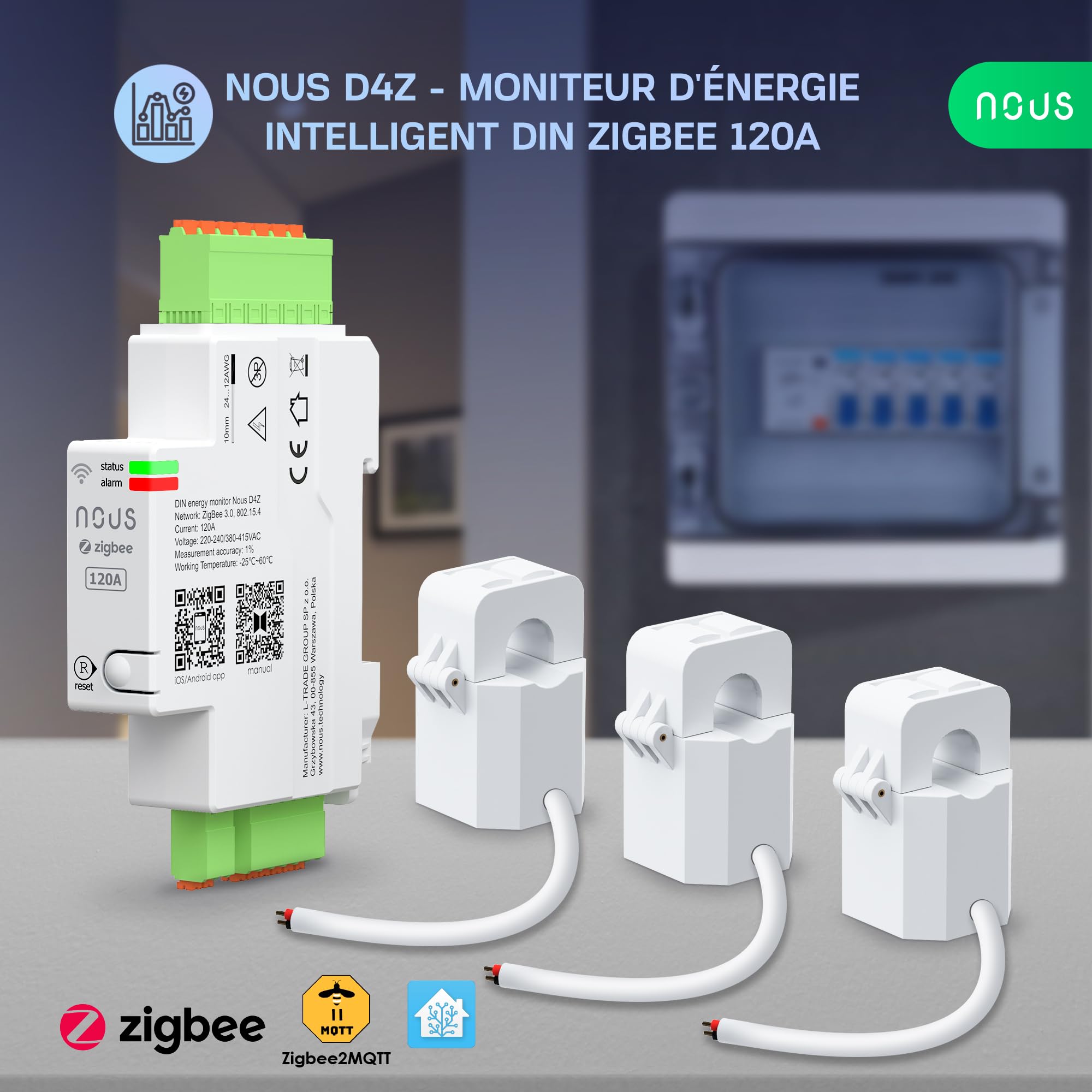 NOUS Zigbee Compteur d'Énergie Smart DIN 120A, Surveillance de la Consommation Électrique en Temps Réel, Compatible avec Alexa et Google Home, Installation sur Rail DIN