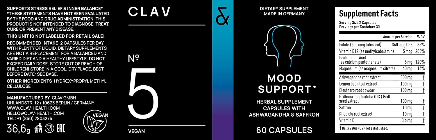 CLAV Mood Support Supplement - with Ashwagandha + Saffron Extract + 5-HTP Griffonia + Siberian Ginseng + Rhodiola rosea - 60 Capsules - Image 10
