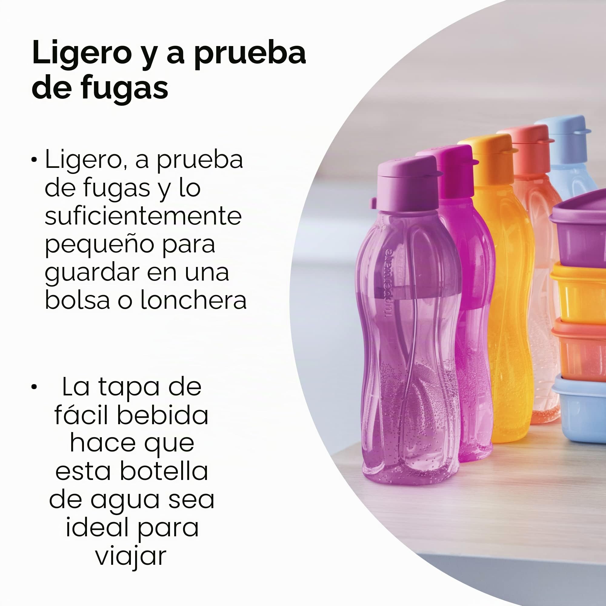 Tupperware Brand Eco+ - Botella de agua reutilizable pequeña, 500 ml, paquete de 5, apta para lavavajillas y sin BPA, ligera y a prueba de fugas, ideal para viajes, gimnasio y actividades al aire