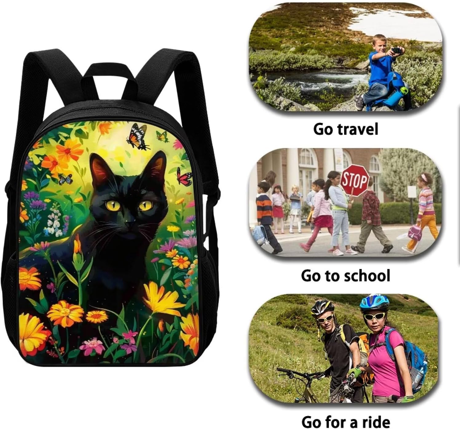 Black Cat Floral School Backpack for Girls 3pcs Backpack with Lunch Box and Pencil Case for Kids Children Teens Elementary Middle School Bags Set