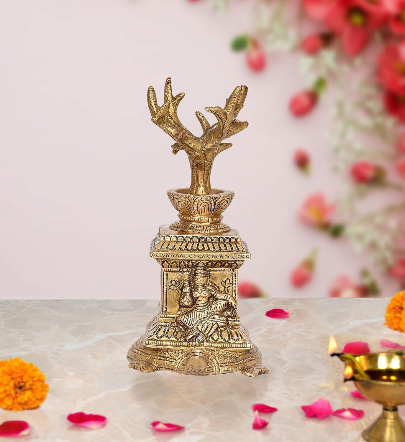 Dattatreya Brass Tulsi Plant ATOP Tortoise Statue Idol Murti for Home Decor Pooja Mandir Decorative Idol (Height 6 inch)-image-18
