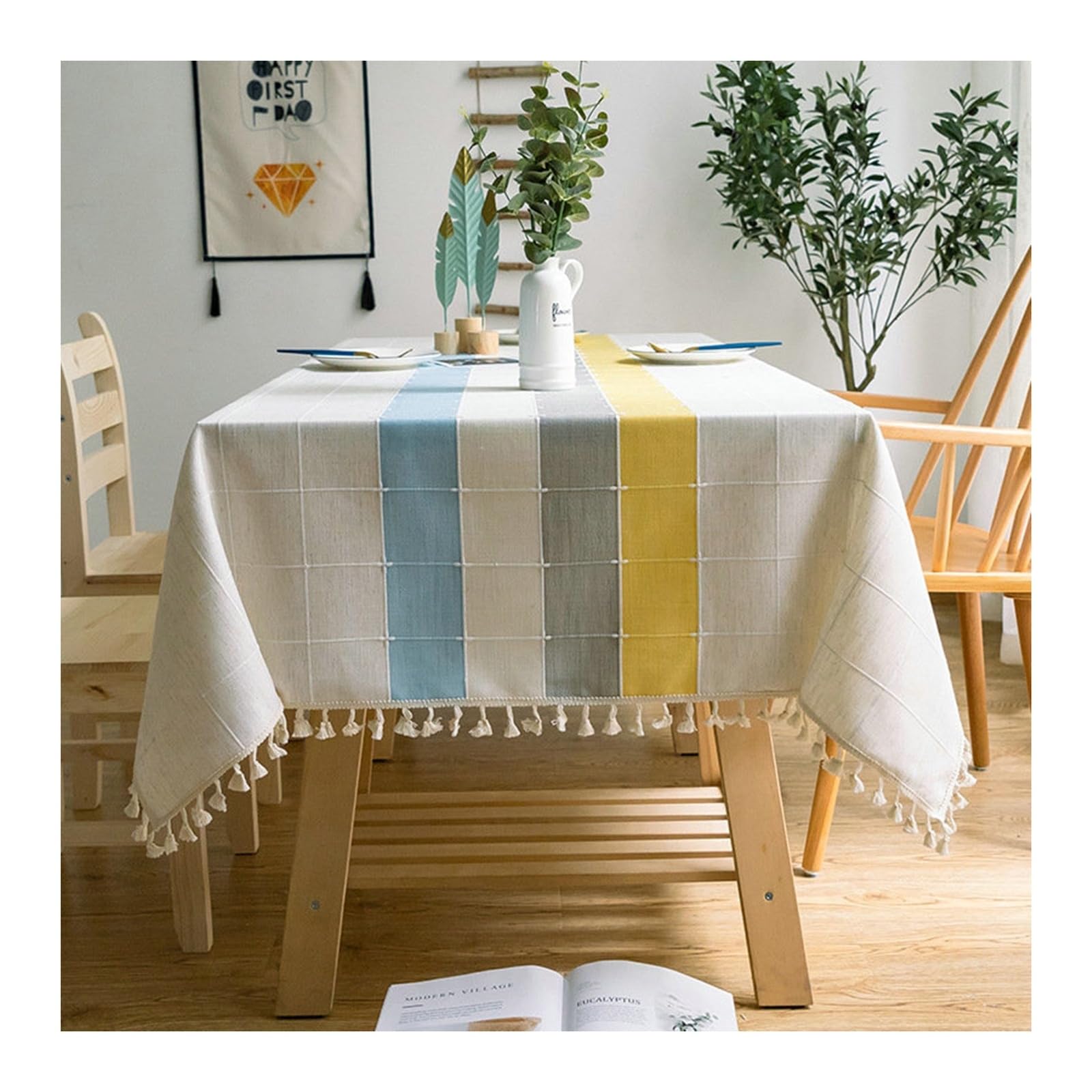 Nappe de table anti tache imperméable à carreaux et glands