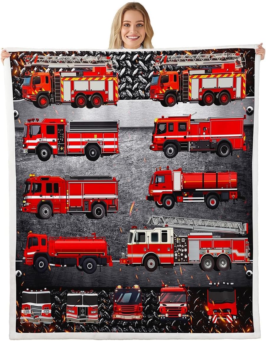 Manfei Firefighting Truck Throw Blanket Red Fire Truck Fleece Blanket for Couch Sofa Emergency Rescue Vehicle Bed Blanket for Kids Boys Teens Cartoon Car Flannel Blanket, Throw Size (50 x 60 Inches)