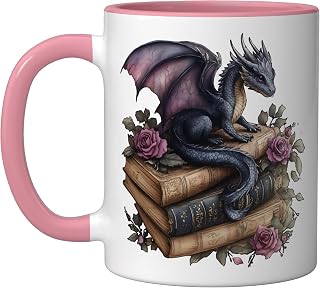 Fantasy Book Lover Bookworm Dragon Readers Reading Ceramic Mug, Pink/White